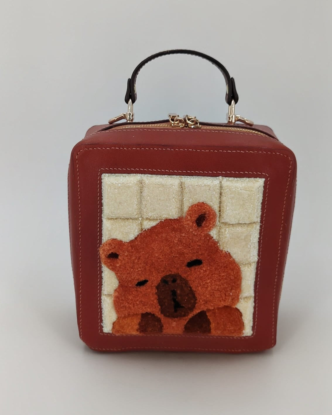 Handcrafted Leather Bag with Capybara Embroidery - Premium French Calf Leather