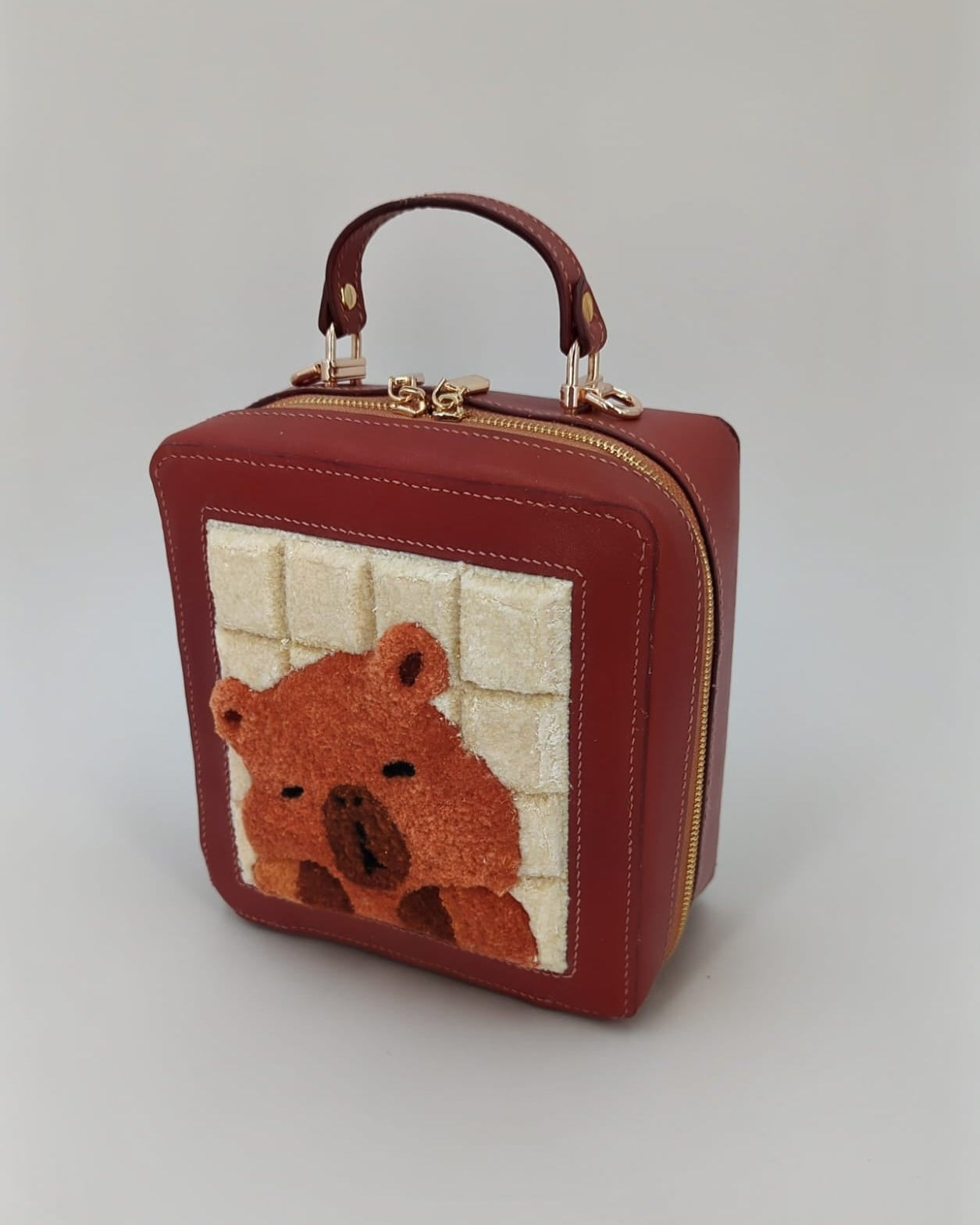 Handcrafted Leather Bag with Capybara Embroidery - Premium French Calf Leather