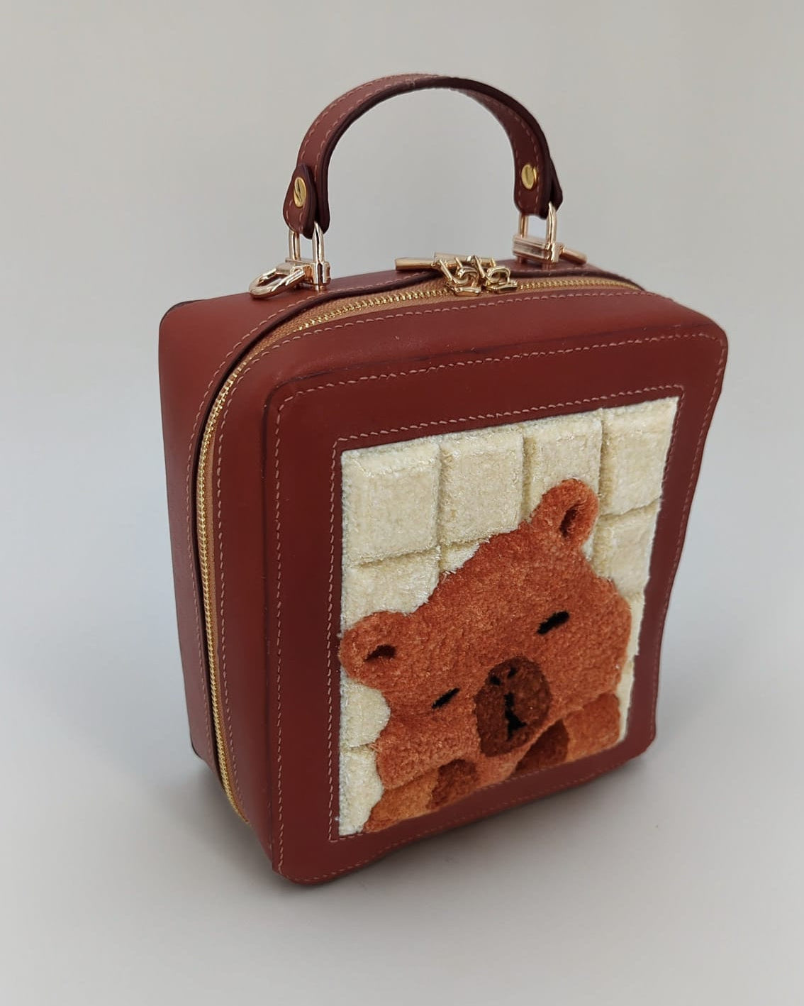 Handcrafted Leather Bag with Capybara Embroidery - Premium French Calf Leather